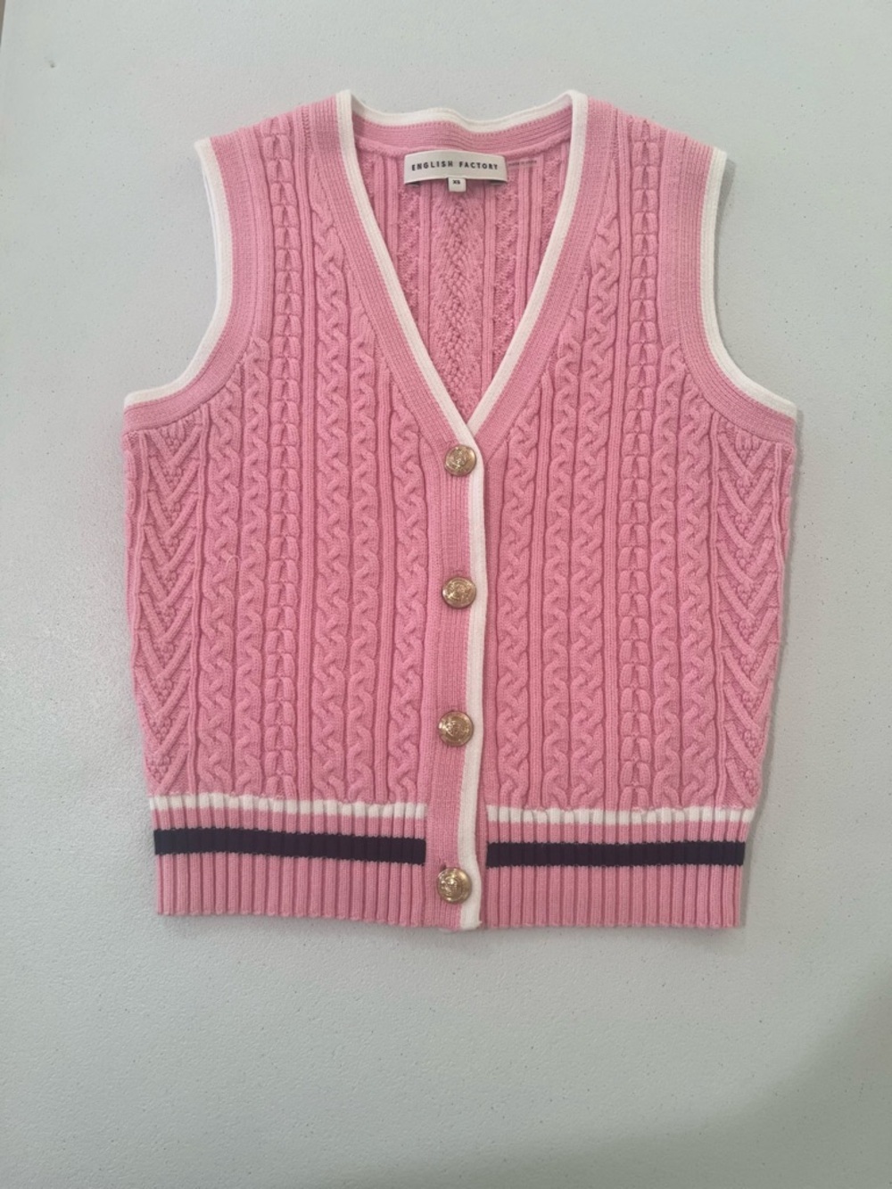 English Factory Pink Cable-Knit V-Neck Button Vest Contrast Trim gold botton XS